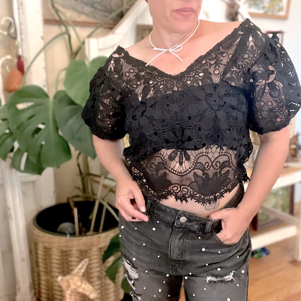 New! The “Nevermore” Whimsigoth Black Lace Crop Top With Tank